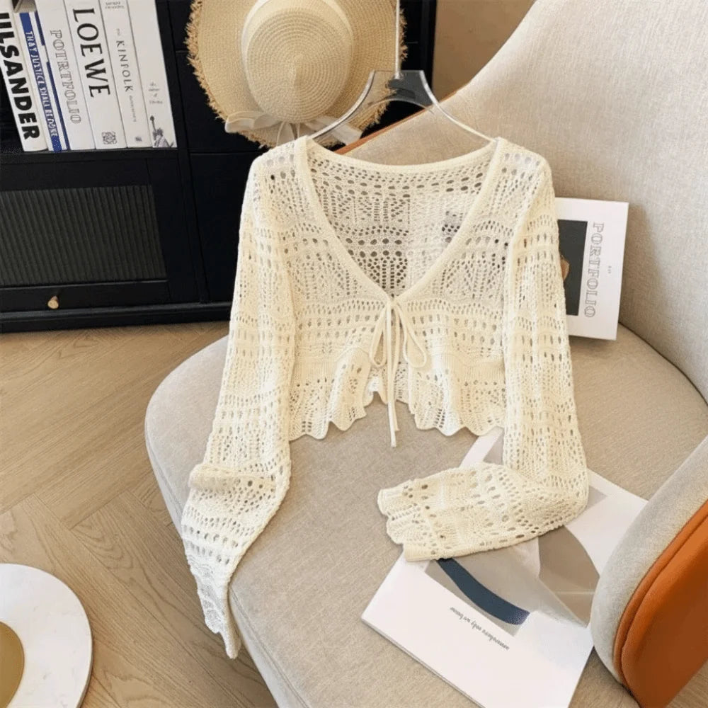 Fashion Hollow Out Knitted Cardigan Thin V-Neck Sun-Proof Tops Long Sleeve Casual Outwear Summer