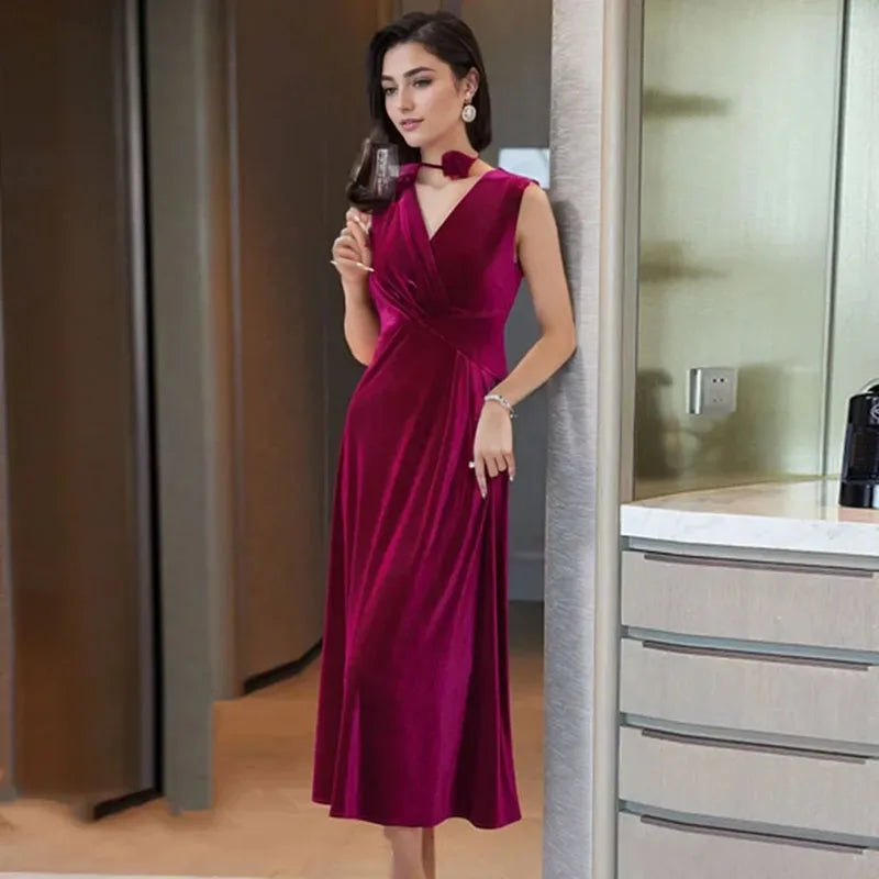 Golden Velvet Dress For Women Spring And Autumn New Fashionable V Neck Sleeveless Dress Velvet Thickened Hip Wrap Long Dress