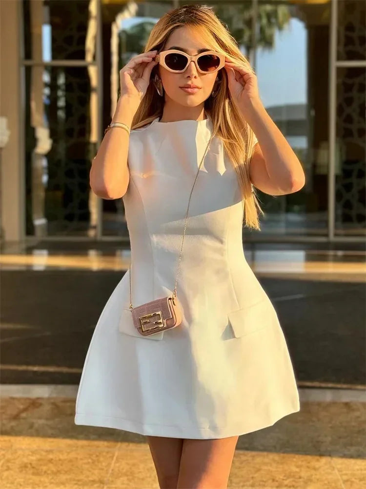 White Slim Women's Mini Dress Sleeveless Casual Pocket High Waist Elegant Party Dress Patchwork Fashion Solid Ladies Dress