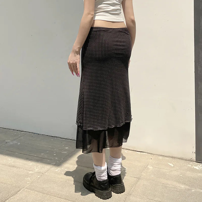 Wave Dot Midi Skirt for Women in Summer 2025  New Printed Slimming Straight Tube A-line Mesh Skirt