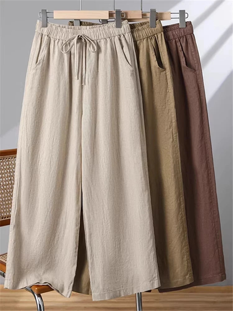 Linen Wide Leg Pants Women Summer Thin Loose Mom Small Size Big Size Casual High Waist Korean Sle Straight Tube Nine Points
