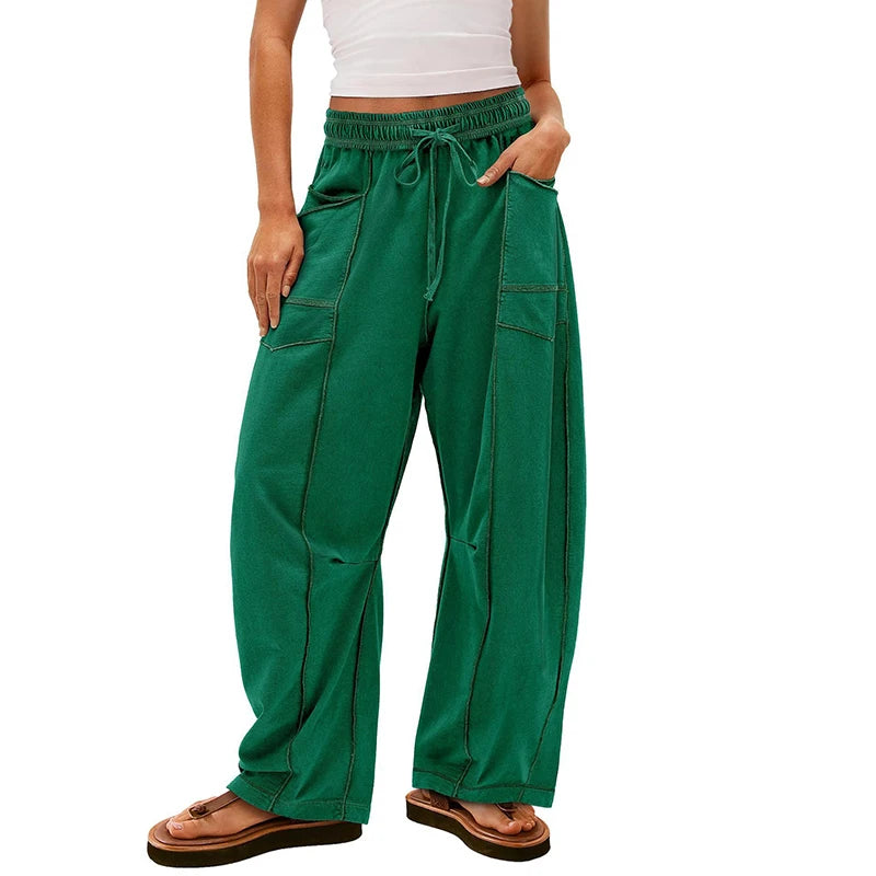 Fashion Women Casual Loose Wide Leg Pants Women Solid Color High Waist Drawstring Long Trousers Jogging Sportswear