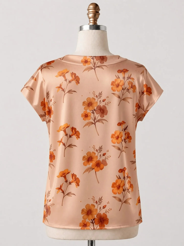 Floral Satin V Neck Top for Women Cap Sleeve Easy Draped Fit Silky Casual Summer Resort Wear Lightweight Breathable Weekend Glam