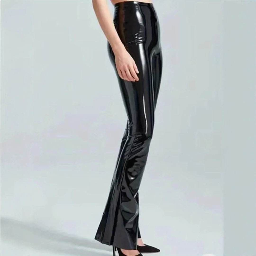 New PU Mirror Leather Pants European And American Womens  High Waist Black Casual Flared Trousers Slim Fit Long Pants