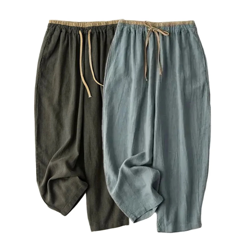 Linen Casual Solid Lace Up Elastic High Waist Loose Wide Leg Women&