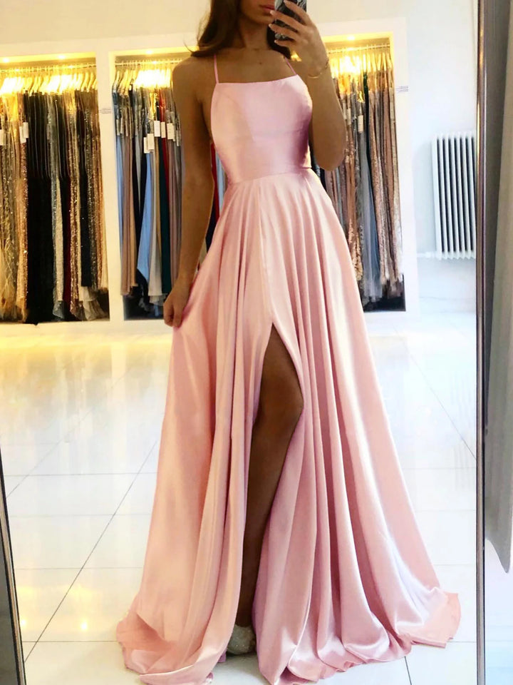 MisShow Midi Satin Slim Evening Dresses Sexy High Slit Tea Length  Spaghetti Straps Prom Formal Cocktail Party Gowns Navy Blue