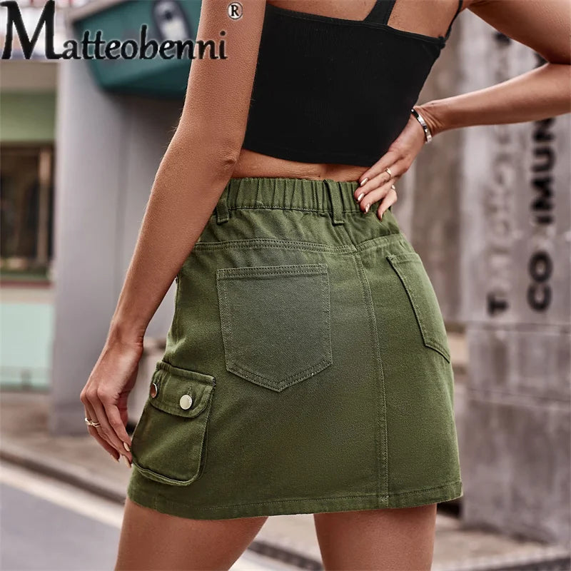 Fashion Half Straight Denim Short Skirt Women Summer Daily Casual Elastic Waist Button Splice Pocket Commuter Female Streetwear