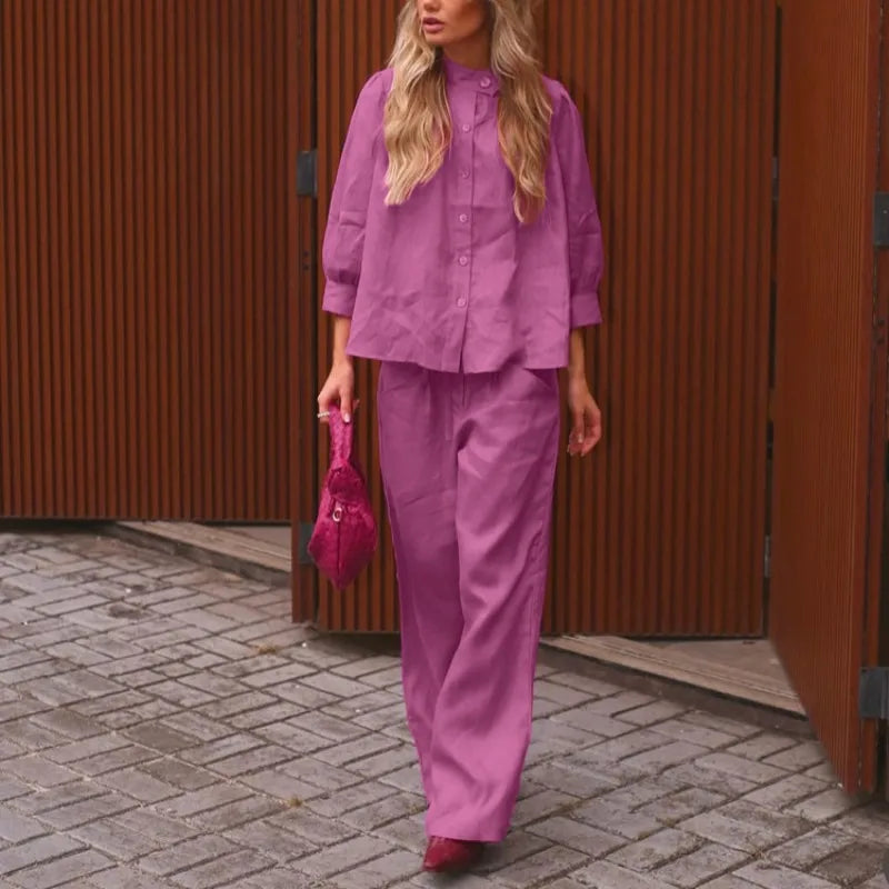 Women Solid Linen Two Piece Matching Set Stand Collar Button Down Shirt Drawstring Wide Leg Pants Casual Holiday Office Outfit