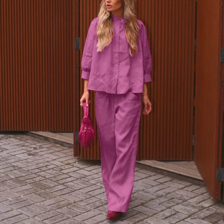Women Solid Linen Two Piece Matching Set Stand Collar Button Down Shirt Drawstring Wide Leg Pants Casual Holiday Office Outfit