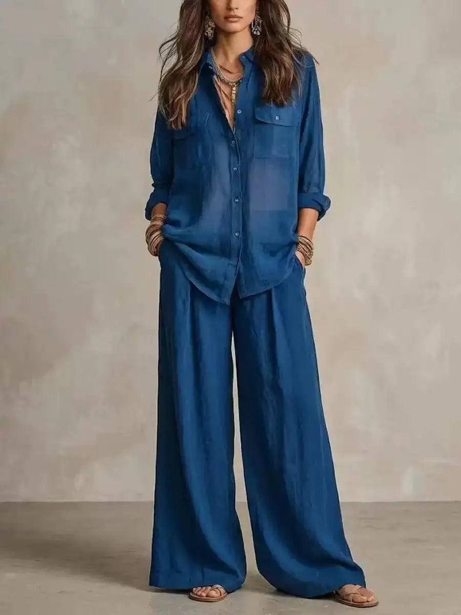 Women Linen Co Ord Set 2 Piece Outfit Long Sleeve Pocket Button Down Shirt High Waist Loose Wide Leg Trousers Boho Casual Vacati