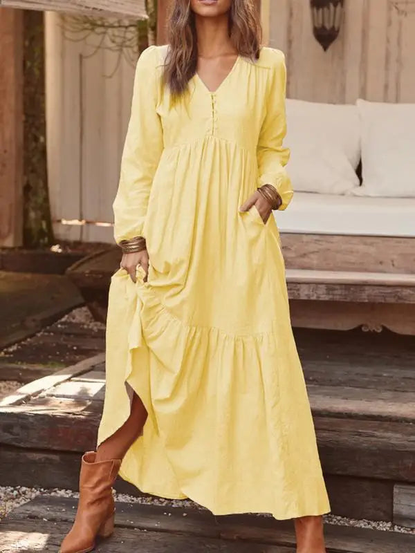 Cotton And Linen Vintage Style Long Dress For Women Casual V Neck Long Sleeve Loose Maxi Dresses Female Elegant Women&