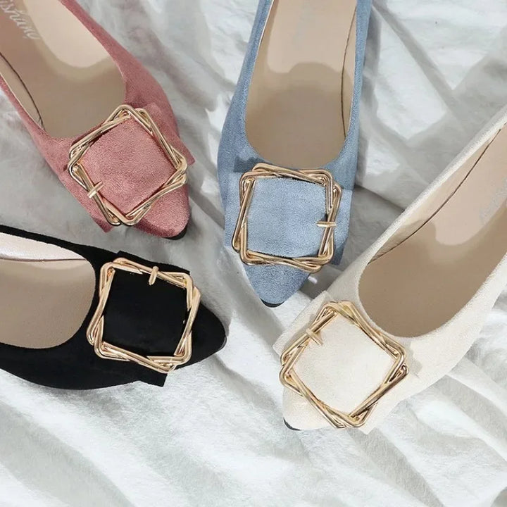 Women Ballet Flats Pointed Toe Slip on Shoes Metal Buckle Comfortable Casual Office Daily Walking Flat Shoes
