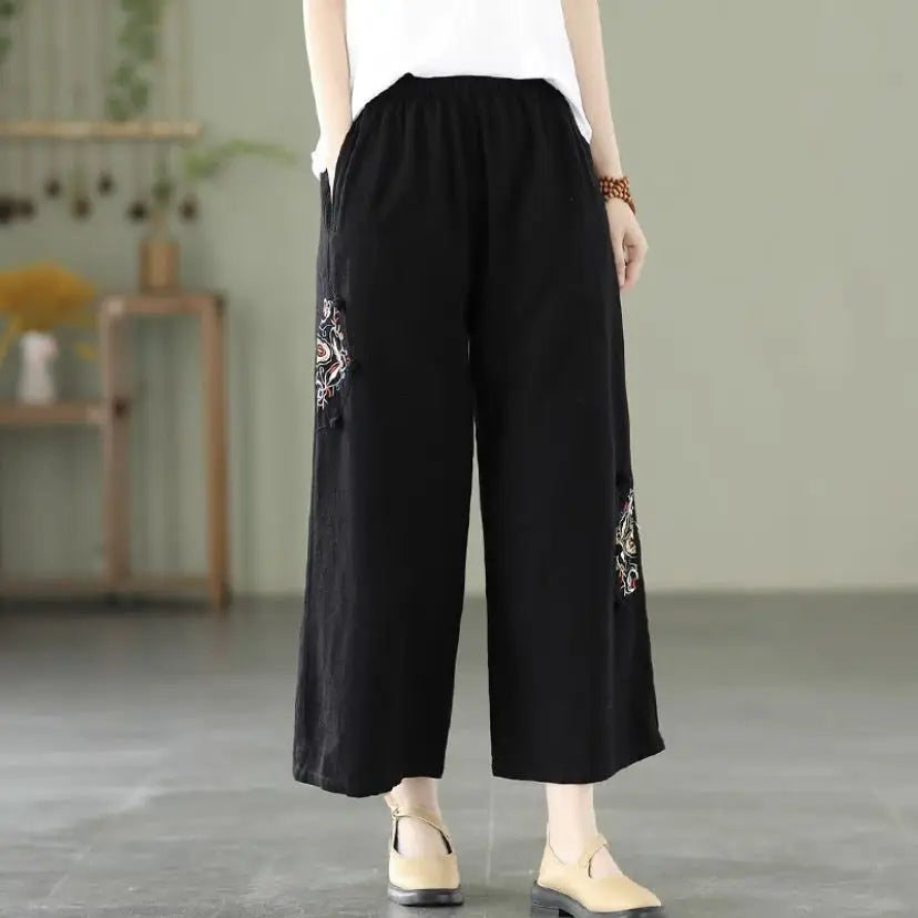 Fashion Women Embroidery High Waist Oversized Pants Summer Cotton Hemp Thin Elastic Band Loose Wide Leg Casual Straight Trousers