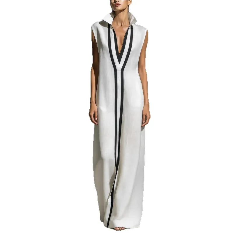 Fashion Colourblock Maxi Dress Women Casual V-neck Sleeveless Loose Dresses Summer Elegant Party Beach Dress Street Vestidos