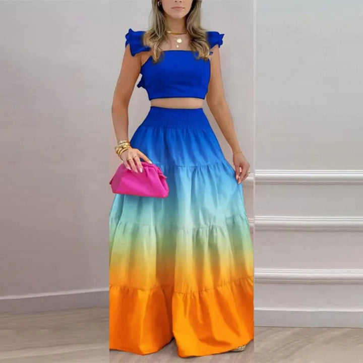 Two Piece Skirt Sets Women Print Dot Ruffles A Line Long Skirts High Waist Casual Half Sleeve Tops Suits Elegant Lady 2024