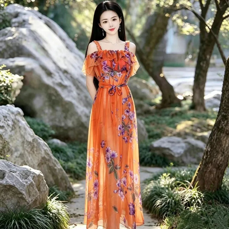 Sexy See-through Ruffle Strap Maxi Dress New Ultra-thin Soft Loose Long Skirt Gown Nightclub Festvial Evening Party Dress
