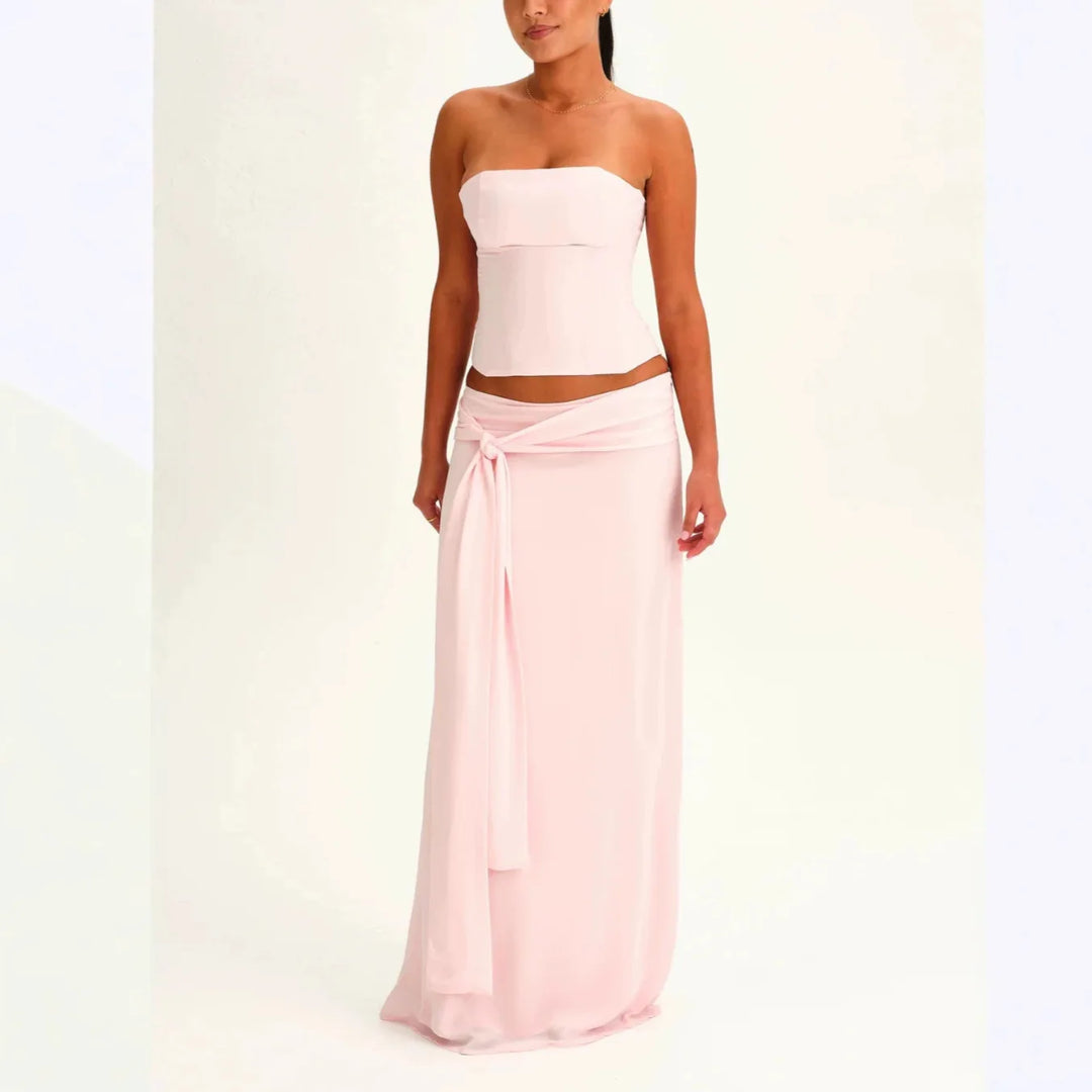 Elegant Strapless Tube Top and Maxi Skirt Two Piece Set Women Crop Top Tie Front Long Skirt Matching Sets Evening Party Vocation