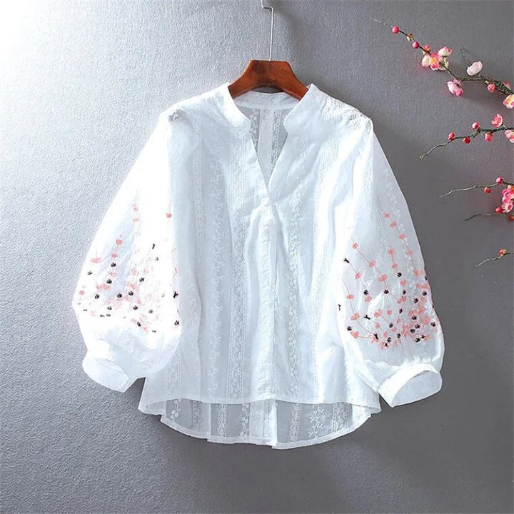 V-Neck Embroider Blouses For Women Shirt Lace Lantern Sleeves Cotton Bluasa LooseTop Casual Versatile Summer Thin Feminine Blous