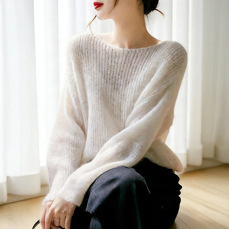 Rib Knit Pullover Sweater for Women Chunky Loose-fit Drop Shoulder Boat Neck Plain Jumper Blouse Cozy Knitwear Spring Autumn