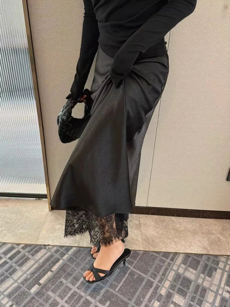 Women Satin Midi Skirt with Lace Trim High Waist Slip Elegant Silky Long Skirt Casual Daily, Dating, Office Outfits