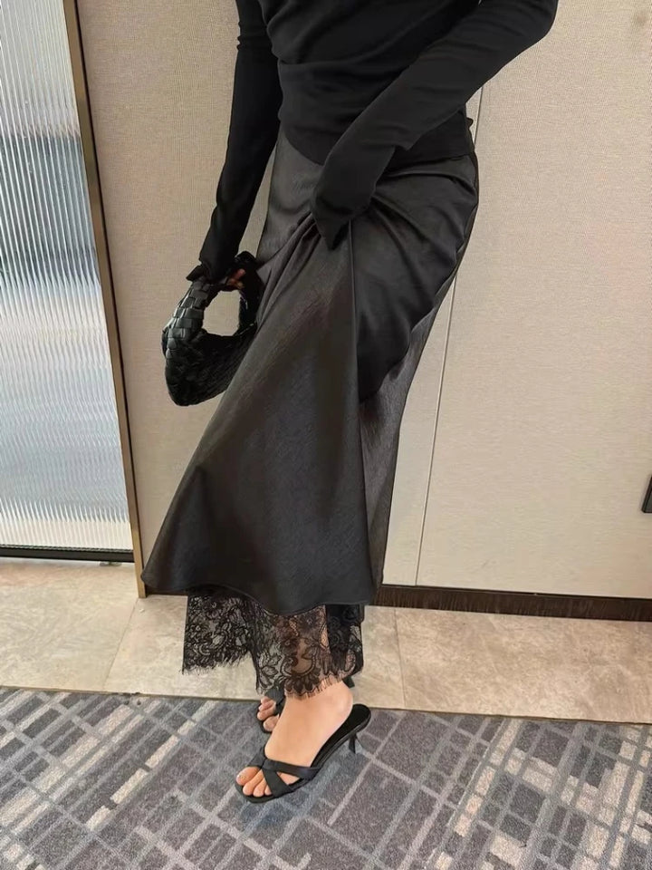 Women Satin Midi Skirt with Lace Trim High Waist Slip Elegant Silky Long Skirt Casual Daily, Dating, Office Outfits