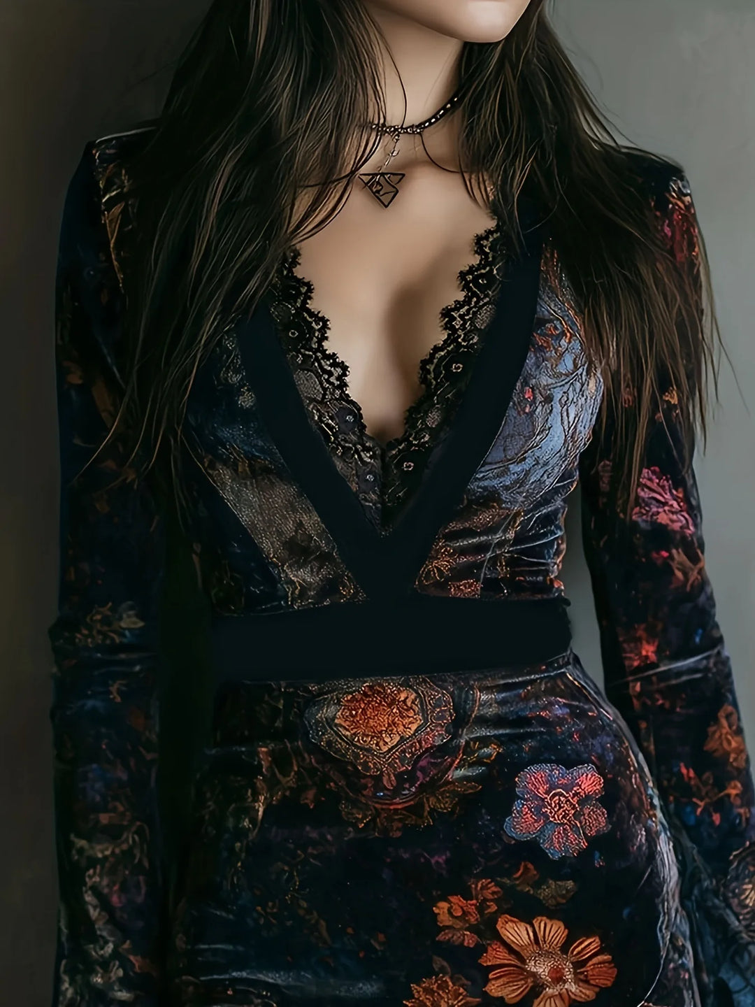 Velvet Bodycon Mini Dress V‑Neck Lace Trim Long Sleeve Vintage Floral Print Slim Fit Elegant Short Party Evening Club Dres