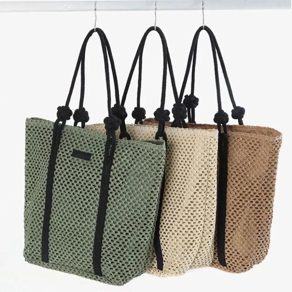 Handmade Straw Woven Bags Large Capacity Zipper Closure Beach Handbags Top-Handle Solid Color Women&