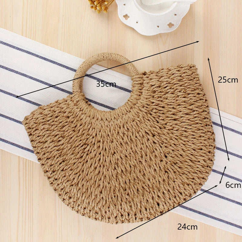 Summer Handmade Bags for Women Beach Weaving Ladies Straw Bag Wrapped Beach Bag Moon shaped Top Handle Handbags Totes