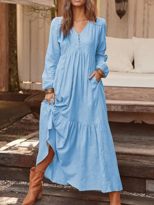 Cotton And Linen Vintage Style Long Dress For Women Casual V Neck Long Sleeve Loose Maxi Dresses Female Elegant Women&