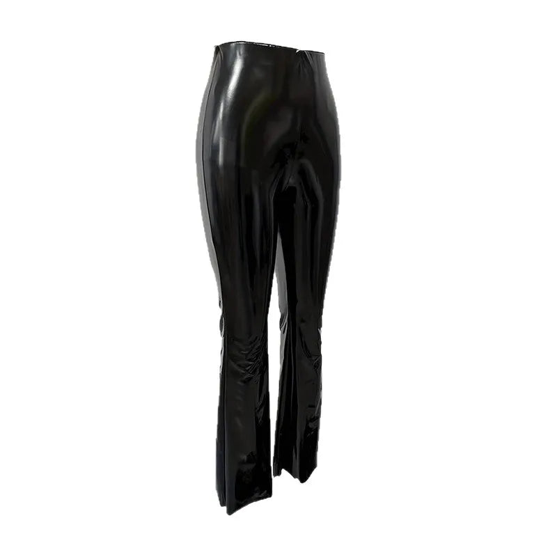 New PU Mirror Leather Pants European And American Womens  High Waist Black Casual Flared Trousers Slim Fit Long Pants