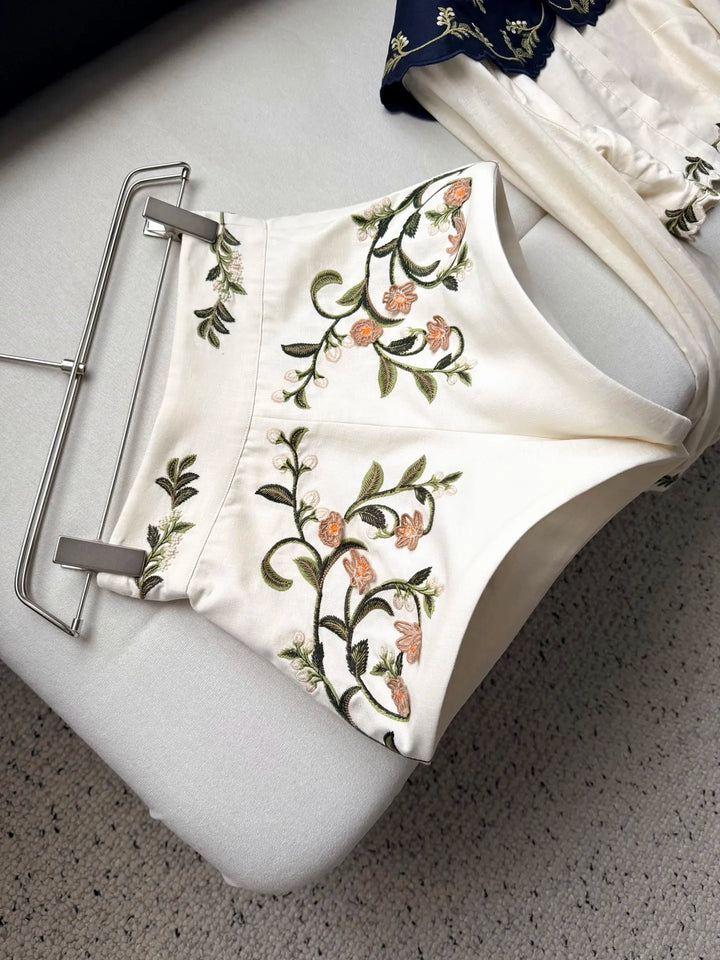 Women 100% Linen 2 Piece Set Heavy Embroidery Detachable Collar Lantern Sleeve Shirt tops &amp; High Waist Casual Shorts