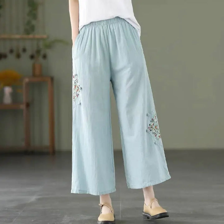 Fashion Women Embroidery High Waist Oversized Pants Summer Cotton Hemp Thin Elastic Band Loose Wide Leg Casual Straight Trousers