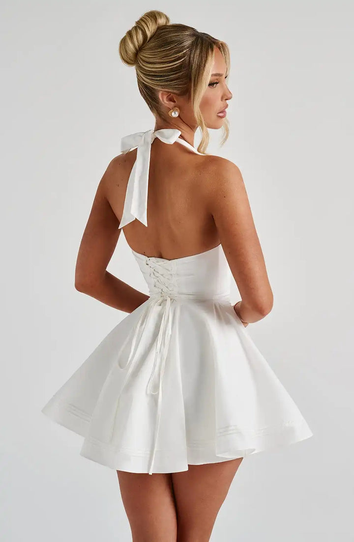 White Halter Women Mini Dress Deep V Neck Front Bow Corset Waist Flared A Line Dresses Wedding Rehearsal Cocktail Party Outfit