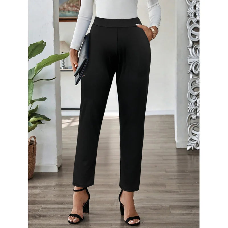 2025 Minimalist Slim Straight Trousers Women Regular Waist Breathable Slimming Solid Black Office Party 