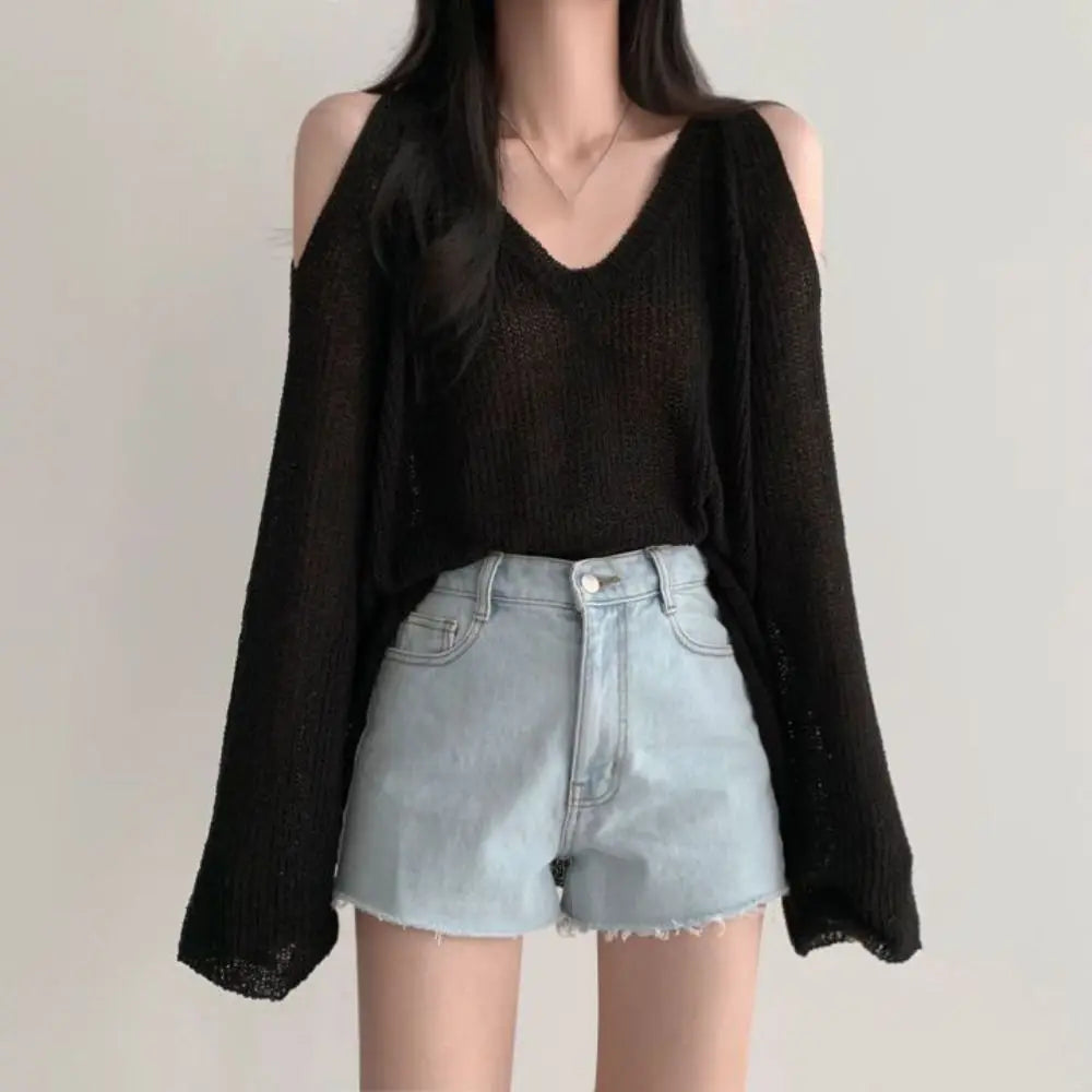 Fashion Hollow Out Knit Long T-shirt Pullover V-neck Crochet Knitwear Long Sleeve Chic Knitted Loose Top Women