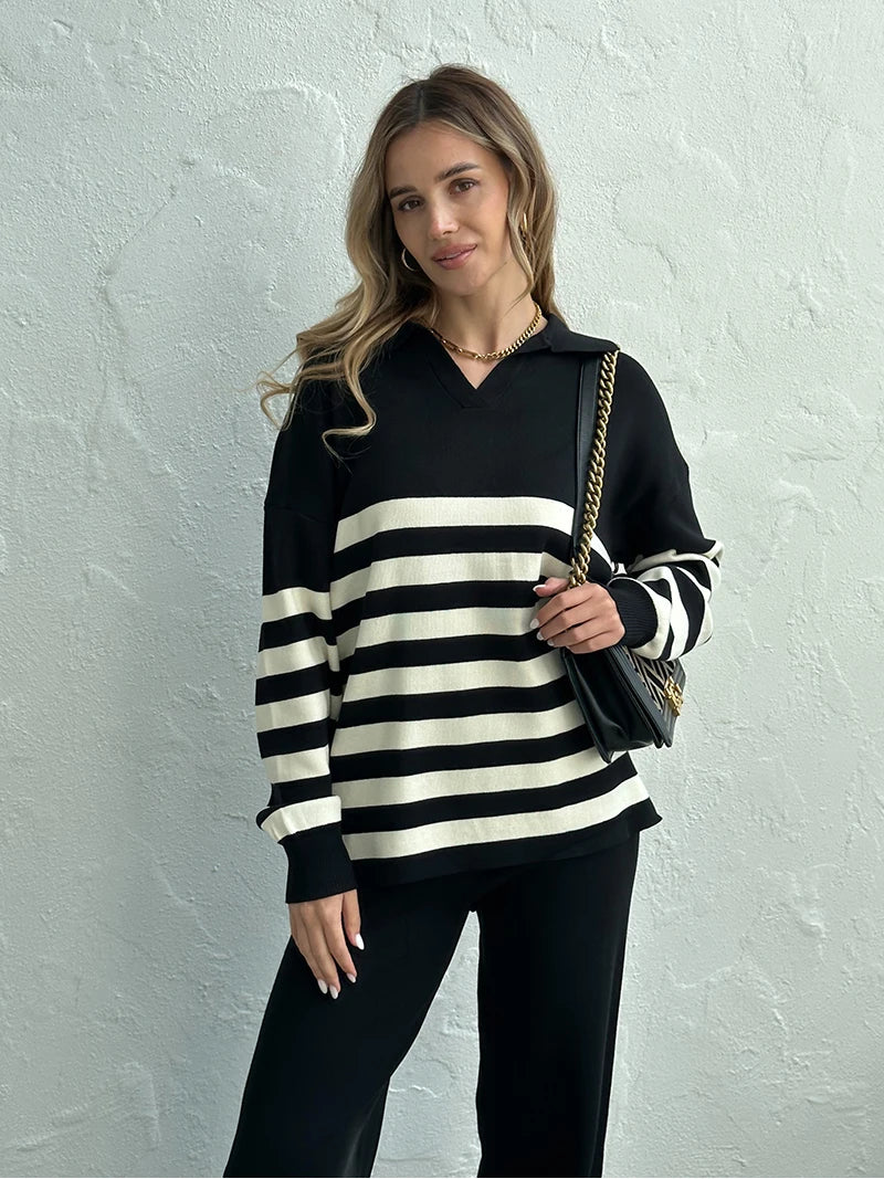 Casual Knit Tracksuit Women Two Piece Set 2 Piece Striped Sweater Matching Sets Loungewear Knitted Two Piece Sets For Women 2024