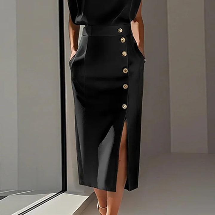 Krisstarsgirls Elegant Midi Skirt for Women 2025 Summer Split-joint Office Work Party Birthday High Waisted Button Skirt Female