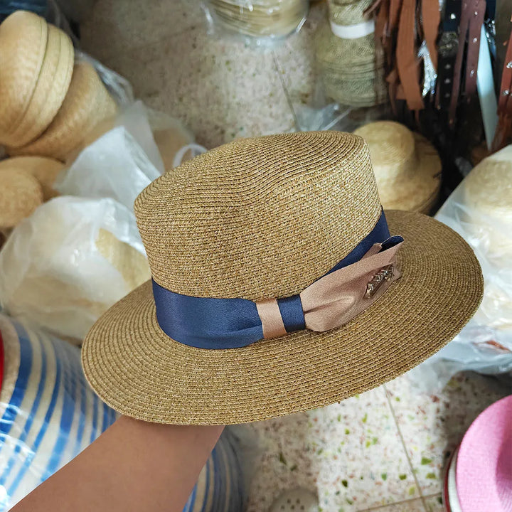 1pcs Luxury Elegant Women Summer Straw Hat Flat Top Boater Cap Folds Hand Weave Wide Brim Sun Hat Panama Fedora Шляпа
