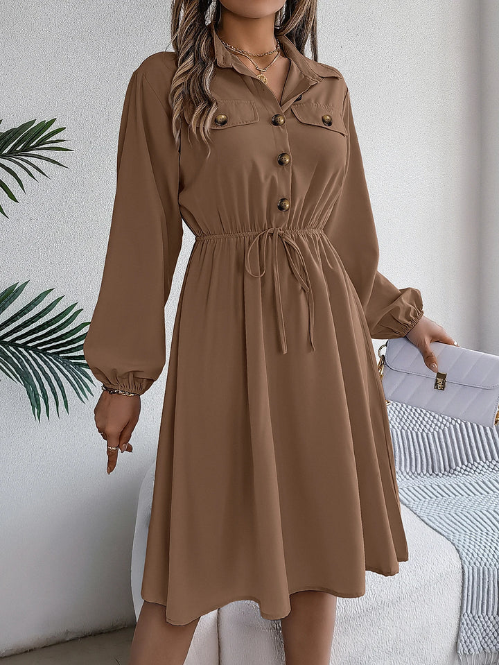 Autumn Winter Dresses for Women Casual Solid Color Button Tie Up Long Sleeved Shirt Dress Blue Green Black Red Woman Clothing