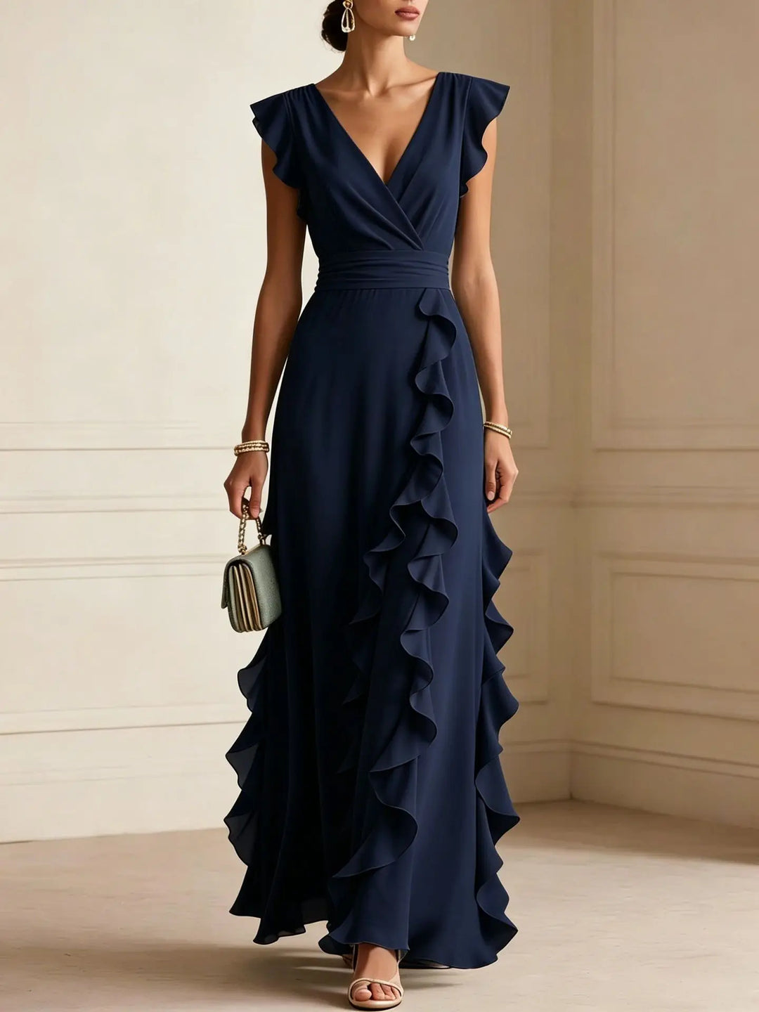 Women V Neck Ruffle Maxi Dress Sleeveless Chiffon Long Dress Wedding Guest Evening Party Formal Dress