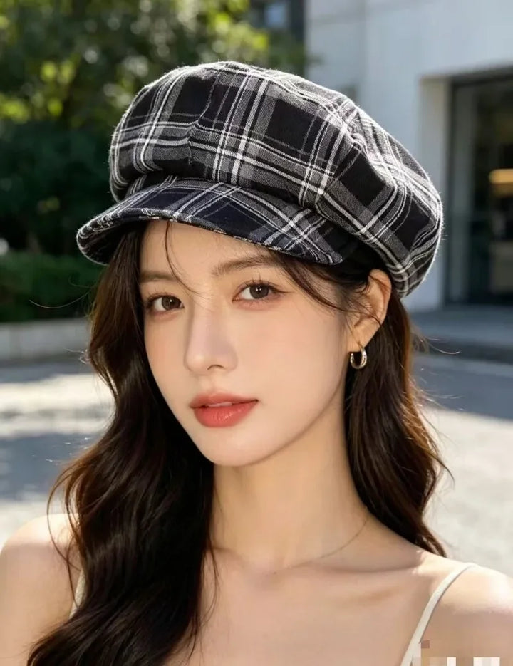 Black White Plaid Newsboy Cap for Women Men Vintage Baker Boy Hat Gatsby Cabbie Flat Cap Retro Beret