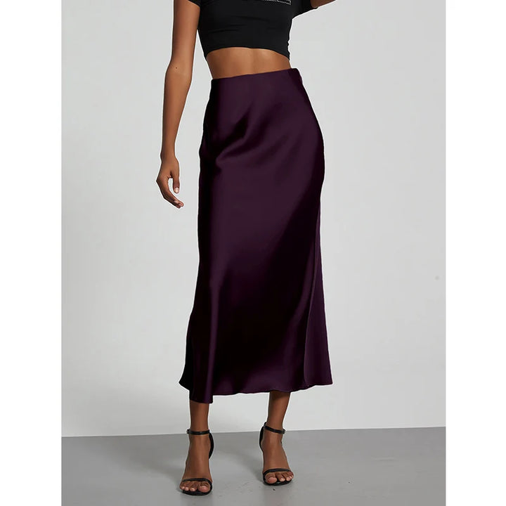 Minimalist Satin Midi Skirt  High Waist Bias Cut Flowy Hem Top for Office &amp; Casual Streetwear