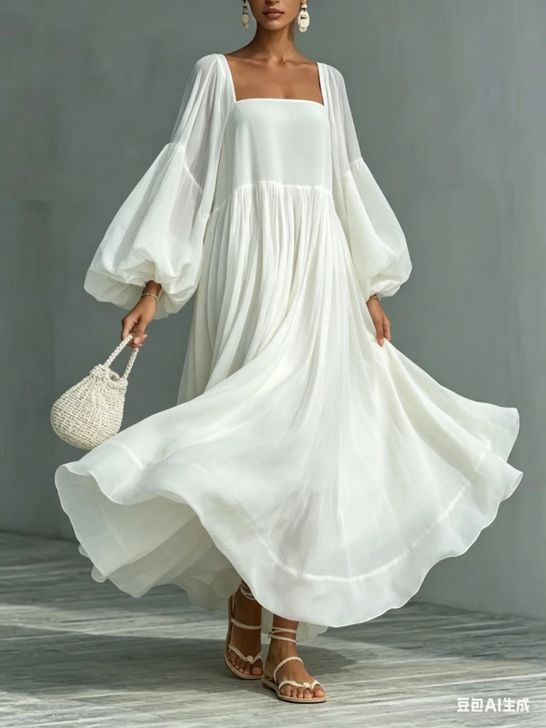 White Elegant Flowy Maxi Dress Woman Sexy Square Collar High Waist Bohemian Long Dresses Spring Lantern Sleeve Loose Party Gowns