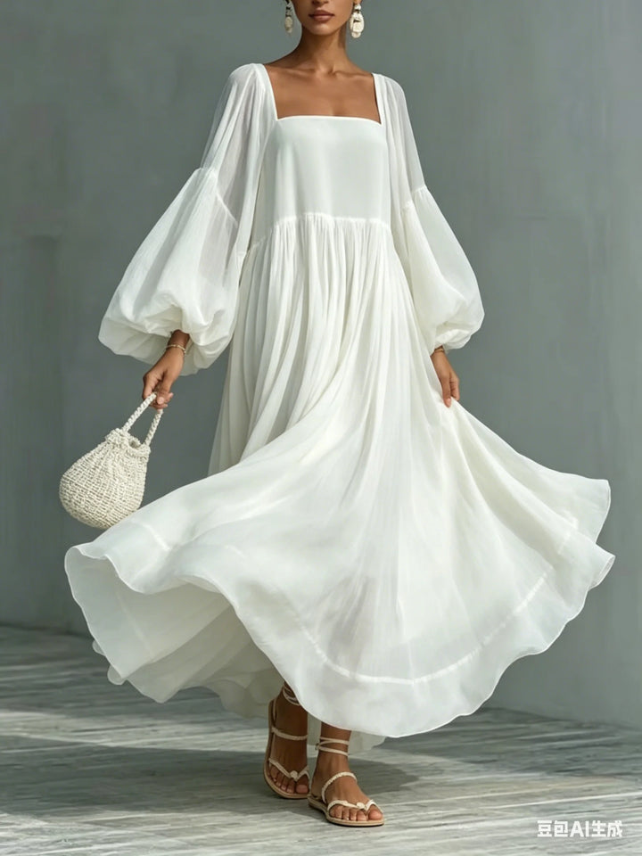White Elegant Flowy Maxi Dress Woman Sexy Square Collar High Waist Bohemian Long Dresses Spring Lantern Sleeve Loose Party Gowns
