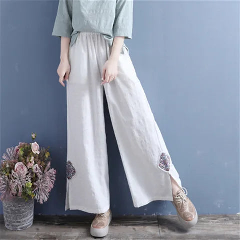 Women Linen Wide Leg Pants Elastic Waist Embroidery Patch Split Hem Loose Casual Ankle Trousers