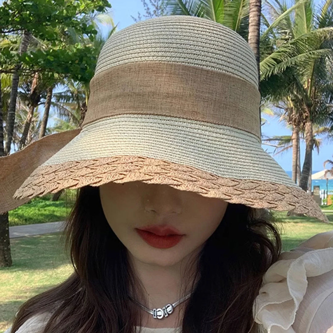 Women Wide Brim Straw Hat Lace Edge Design Beach Caps with Bowknot for Outdoor Sports Hiking Travel