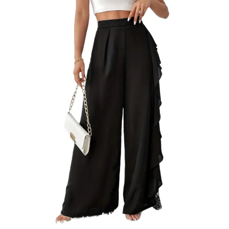 Wide Leg Pants Women Autumn Spliced Ruffles Lace Sheer Mesh Irregular Black Elegant Pants Office Lady Commuter Tierred Trousers