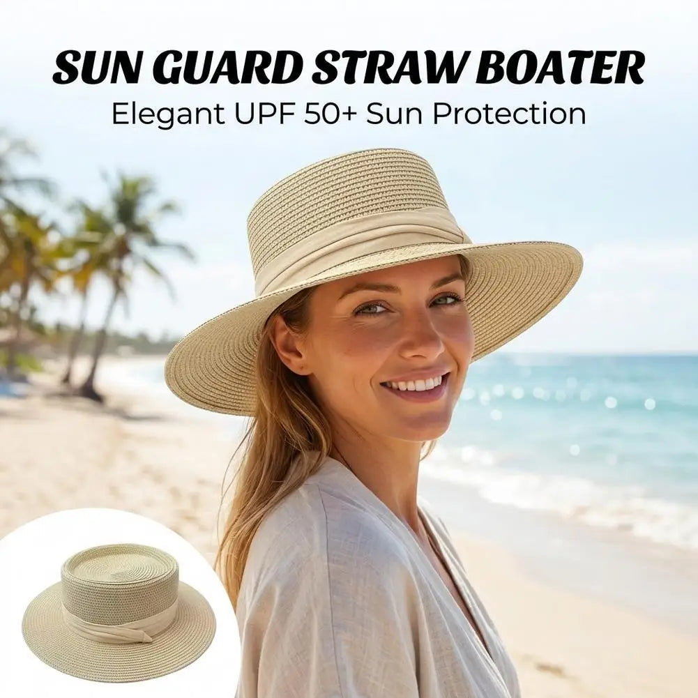 Boater Straw Hat wide brim French elegant square ribbon women&