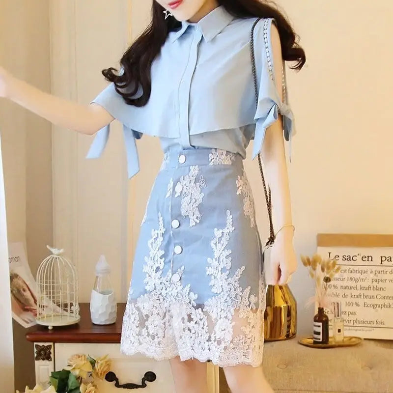 Off-shoulder Woman Outfit New Matching Cheap Clothing Offers Elegant Casual Trend 2025 Luxury Lace 2 Pieces Skirt Sets for Women
