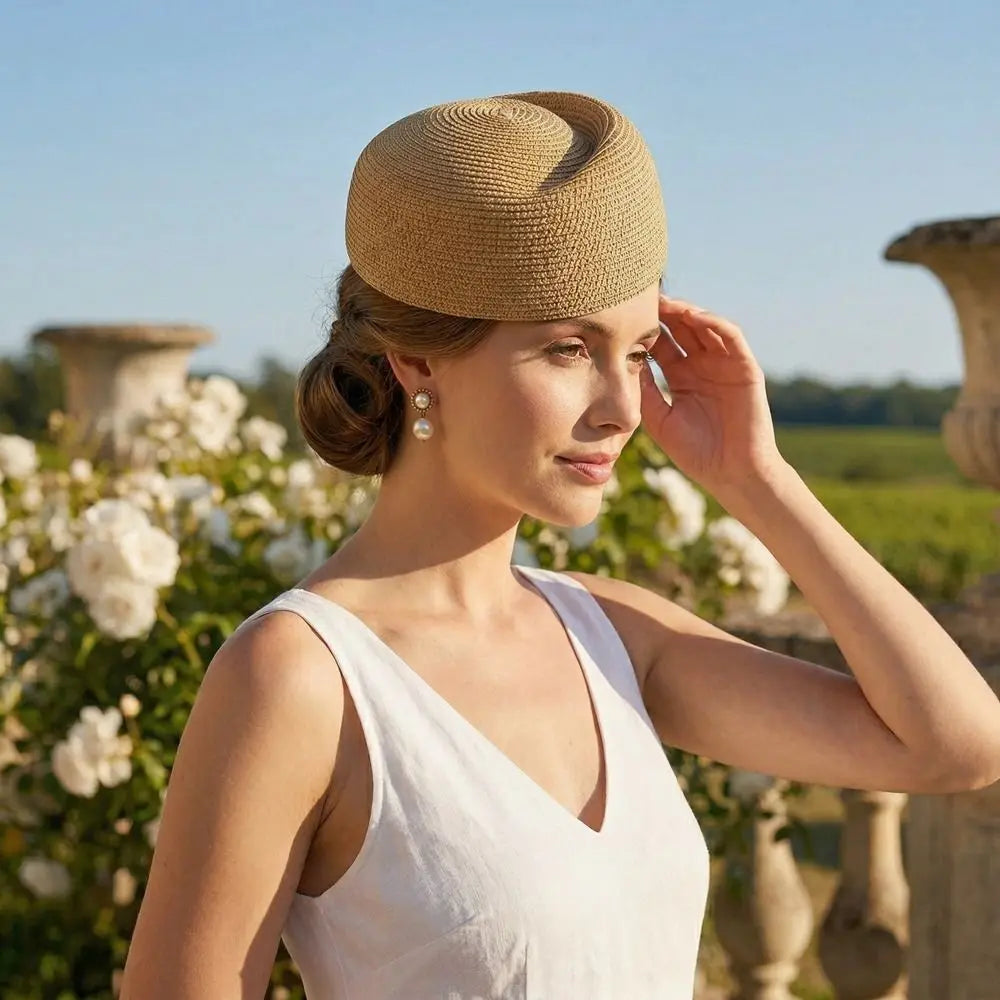 Women Elegant Straw Pillbox Hat Fedoras Teardrop Fedora Hat Simple Handmade Painter Hat Wedding Party